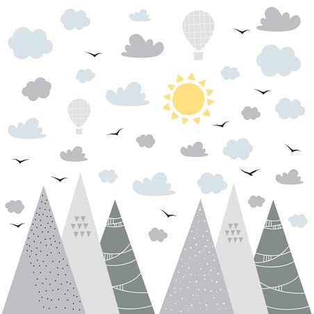 NAKLEJKI NA ŚCIANĘ DLA DZIECI SZARE GÓRY CHMURY BALONY STYL BOHO ZESTAW