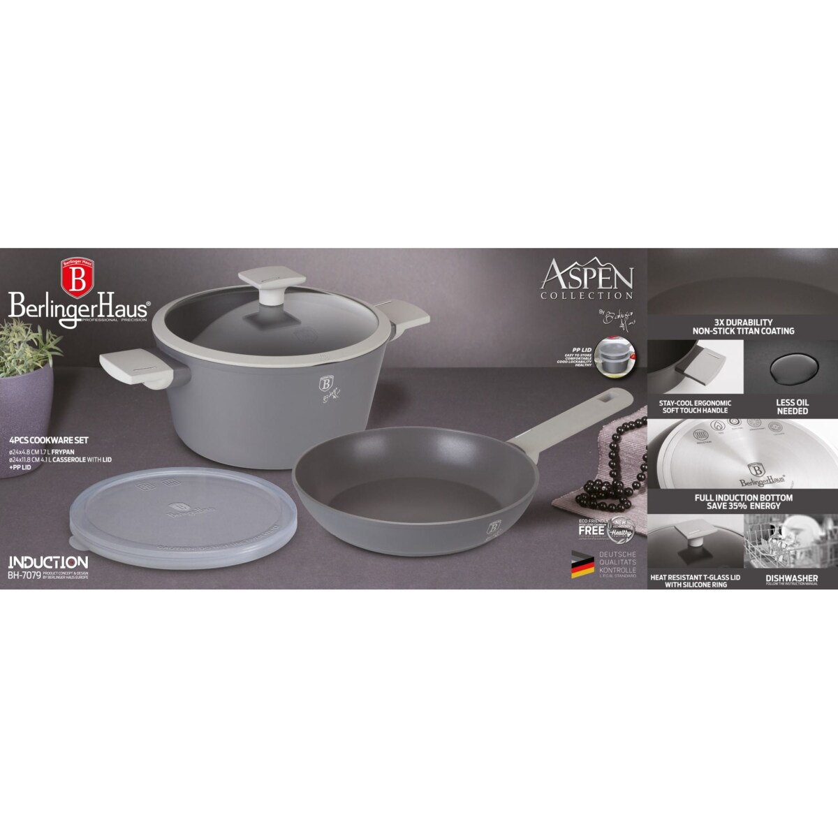 Zestaw garnek z patelnią 24cm z powłoką tytanową BERLINGER HAUS Aspen