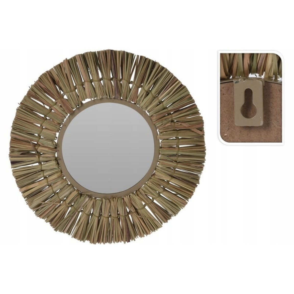 Okrągłe lustro ścienne o średnicy 40 cm, z ramą wykonaną z naturalnej rafii. Idealne do wnętrz w stylu boho