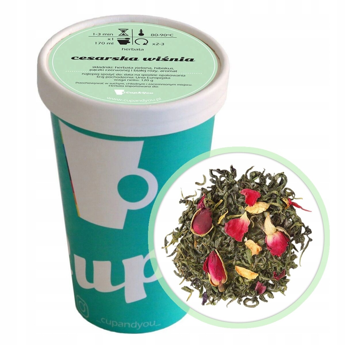 Herbata zielona CESARSKA WIŚNIA premium liściasta hibiskus pączki róży 120g - herbata liściasta sypana mieszanka napar susz