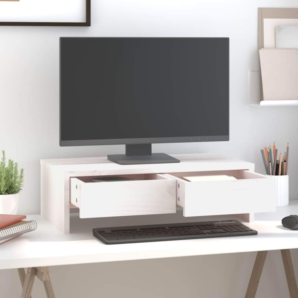 vidaXL Podstawka na monitor, biała, 50x27x15 cm, lite drewno sosnowe