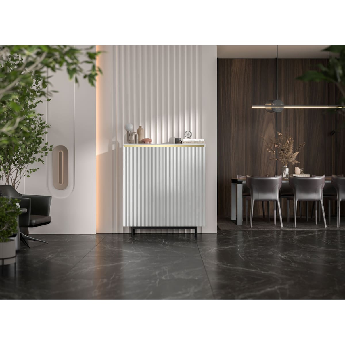 Komoda RTV Glamour 111 cm biała matowa ryflowane fronty czarna rama