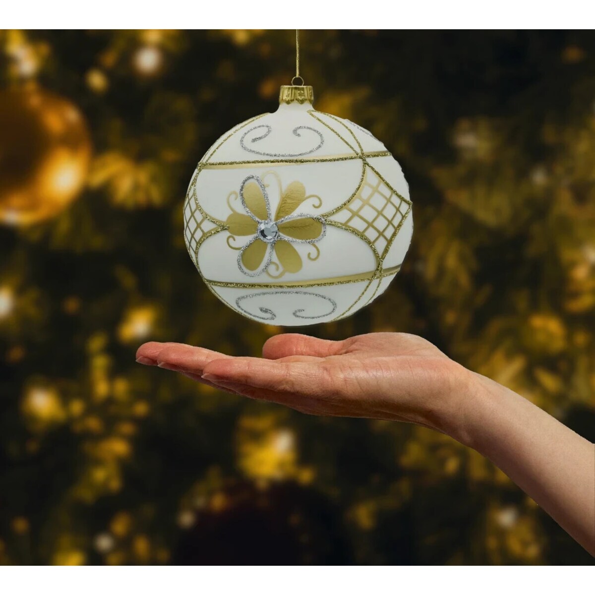 Bombki okrągłe: złote brokatowe i ecru