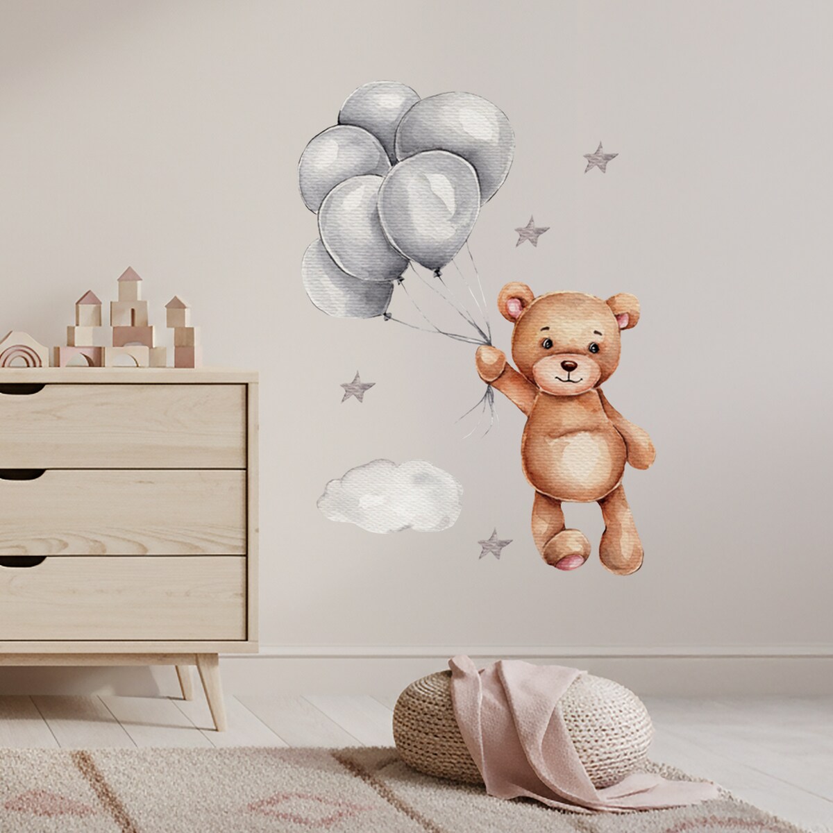 naklejki na ścianę do pokoju dziecka, sipo, miś z balonikami