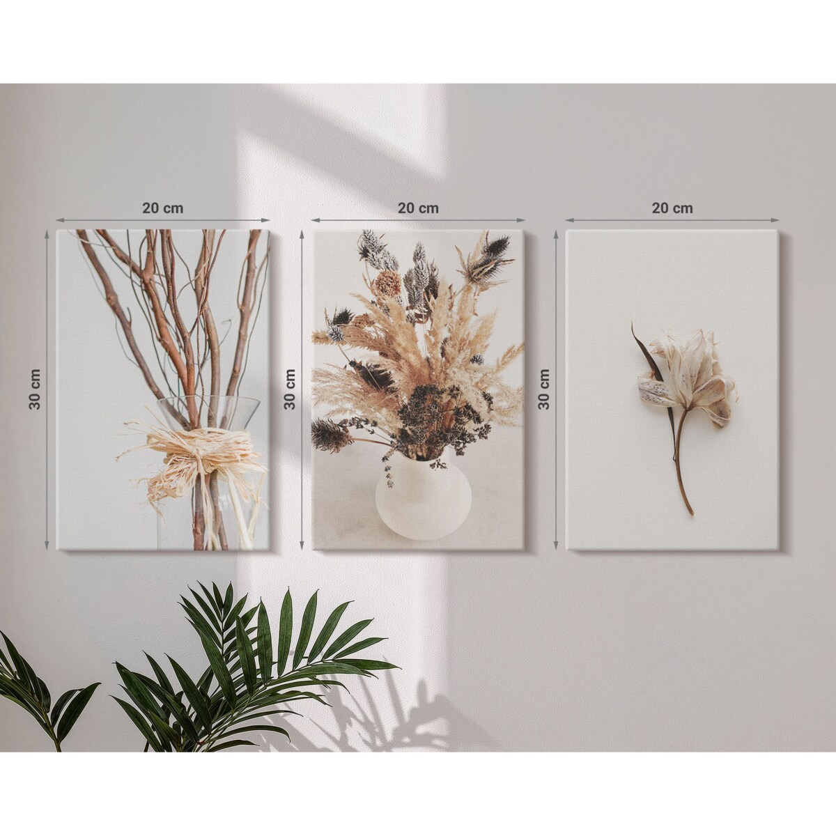 Zestaw 3 małych obrazów na płótnie - Kwiaty gałęzie minimalistycznie - beżowy