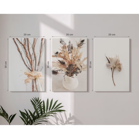 Zestaw 3 małych obrazów na płótnie - Kwiaty gałęzie minimalistycznie - beżowy