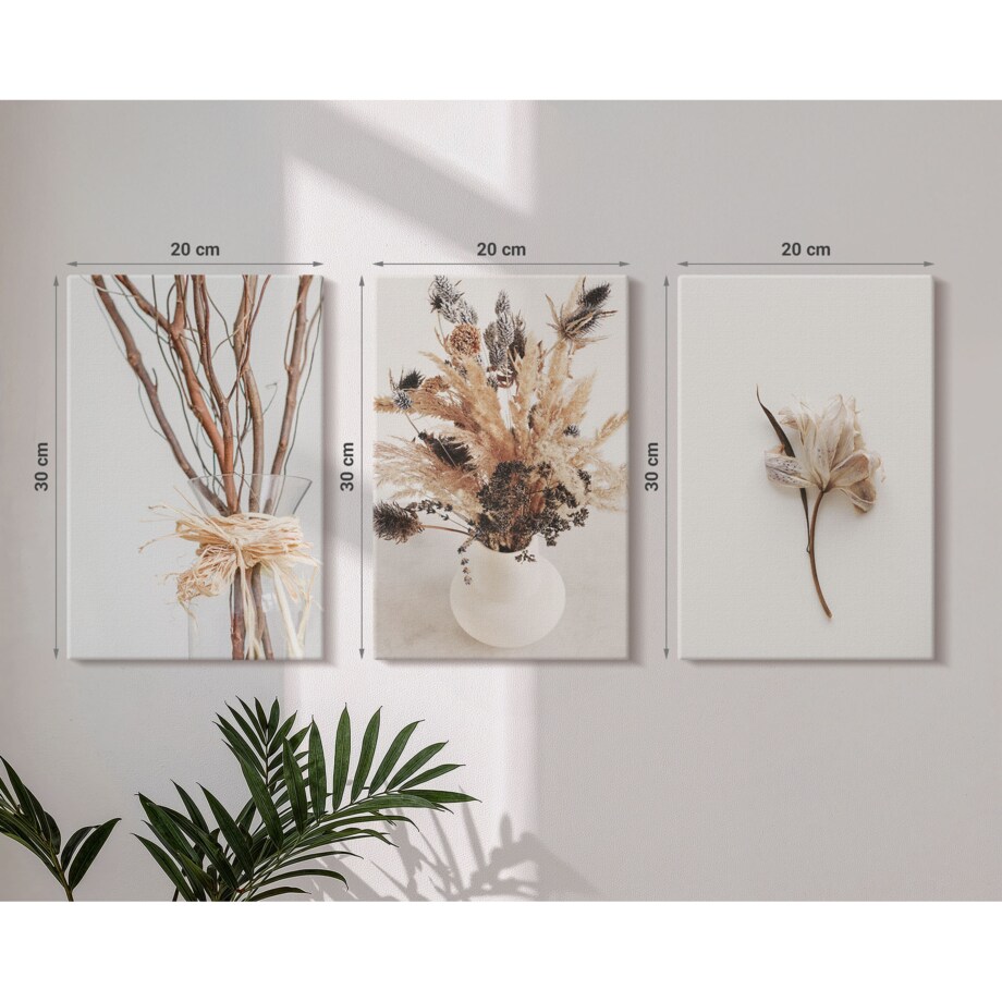 Zestaw 3 małych obrazów na płótnie - Kwiaty gałęzie minimalistycznie - beżowy