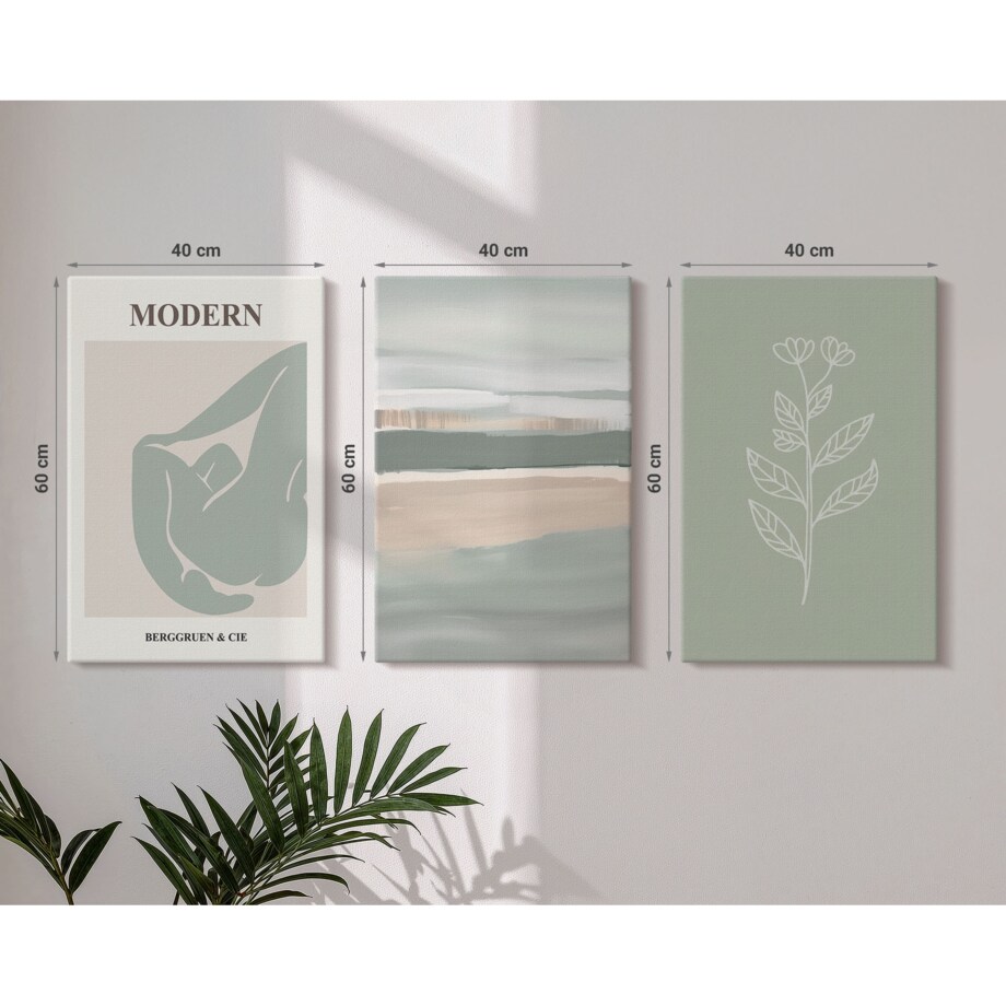 Zestaw 3 dużych obrazów na płótnie - Abstrakcyjne pastelowe kształty roślin - zielony