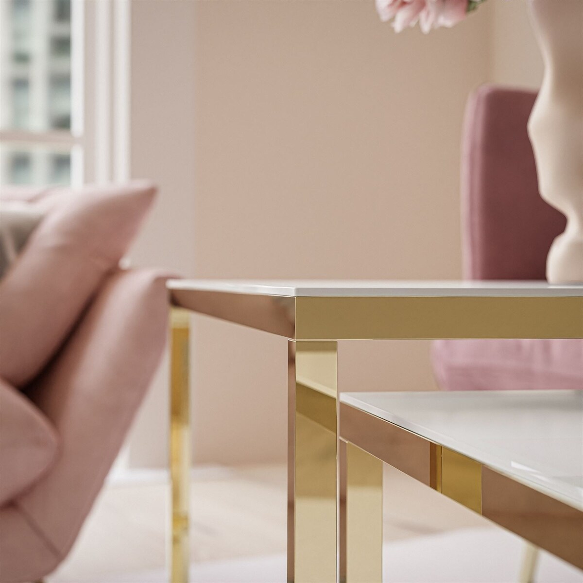 Stolik kawowy YOSHI 2w1 złoty chrom białe szkło