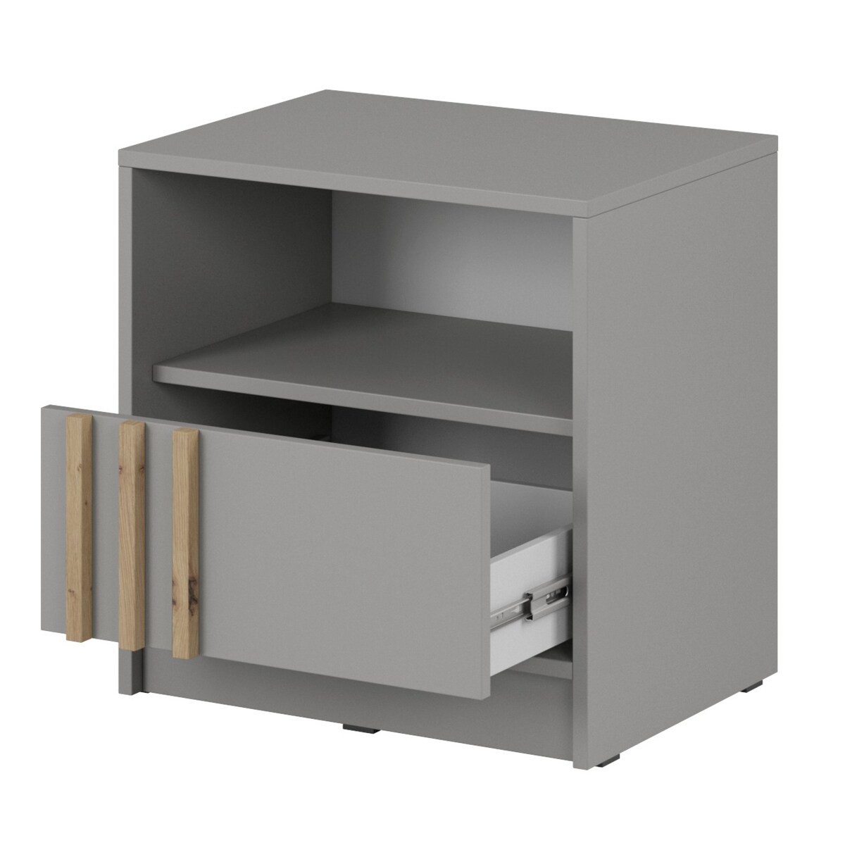 Szafka nocna KELLY z szufladą i półką oraz uchwytem z lameli, Szara