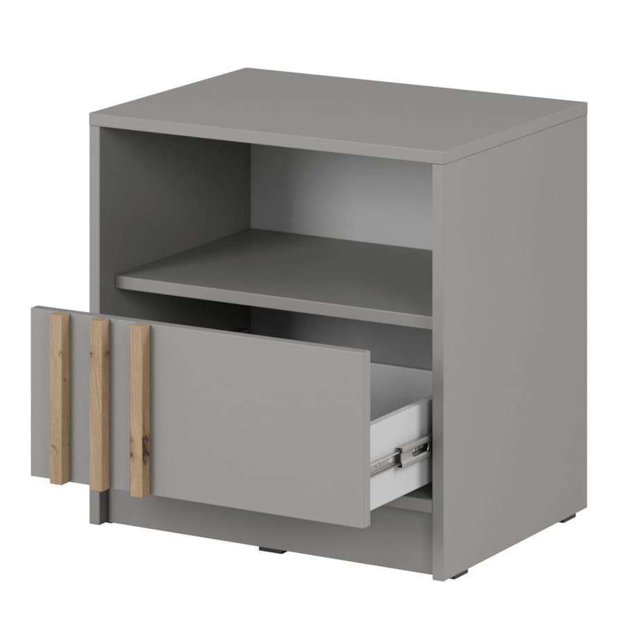 Szafka nocna KELLY z szufladą i półką oraz uchwytem z lameli, Szara