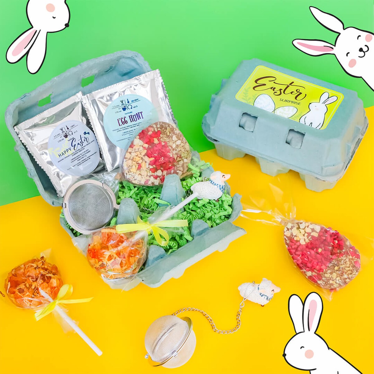 ORYGINALNA PACZKA NA WIELKANOC ZAJĄCZKA - ZESTAW PREZENTOWY HERBATA LIZAK MANGO TANGO CZEKOLADKA ZAPARZACZ - PREZENT UPOMINEK DLA KOBIETY FACETA