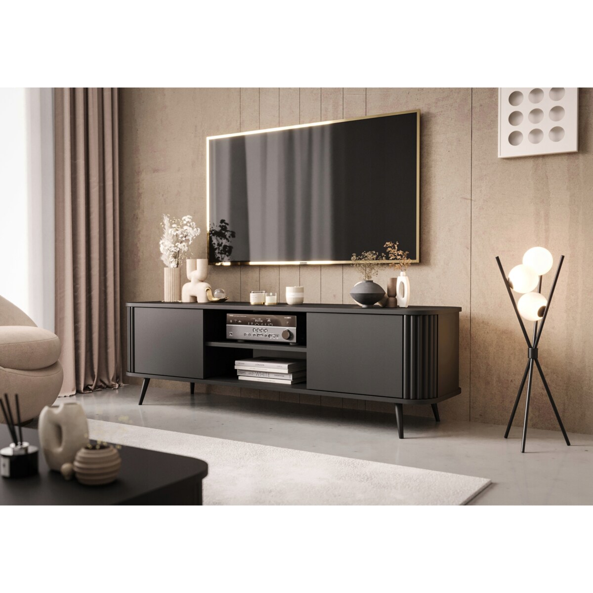 Czarna Komoda Szafka RTV Pod Telewizor Do Salonu Nóżki ASSE 150cm