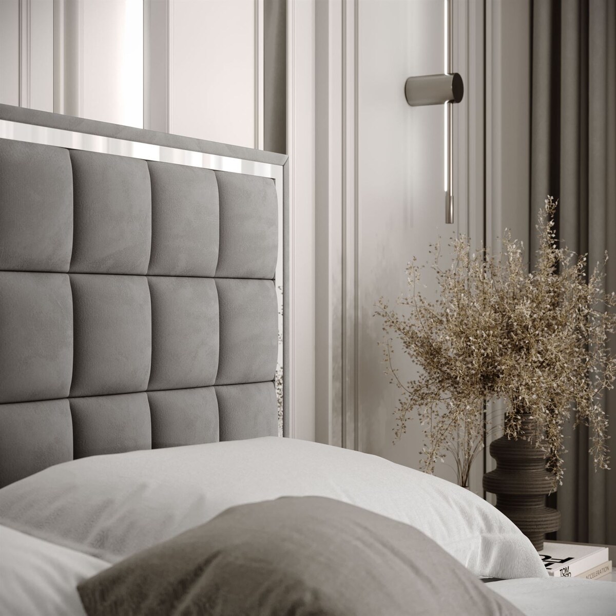 Łóżko tapicerowane ISADORA SILVER, pojemnik na pościel, stelaż 34, 180x200, RV 250