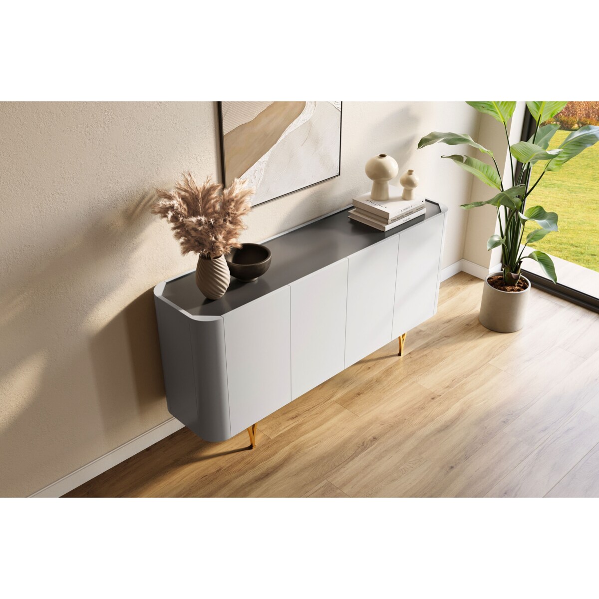 Nowoczesna szara komoda Dancan MONZA ze złotymi nóżkami / szer. 160 cm