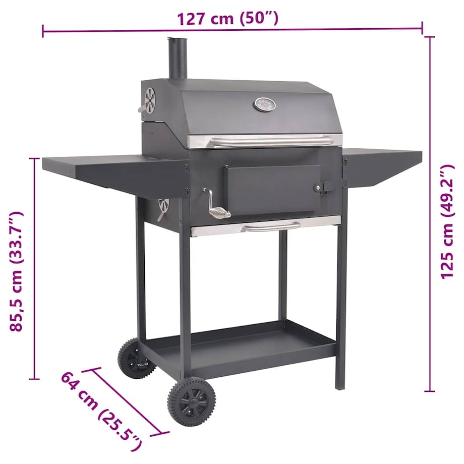 vidaXL Grill węglowy z wędzarnią i dolną półką, czarny