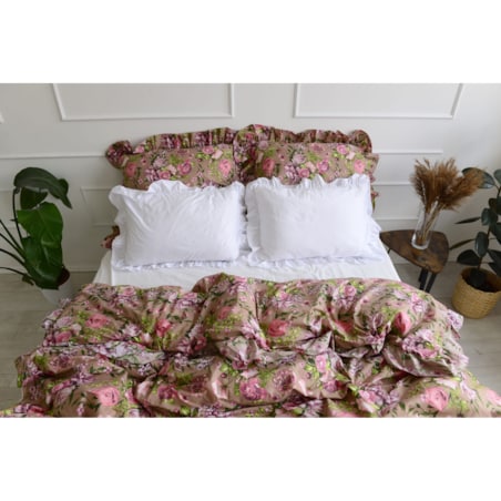 Pościel Bawełniana Z Falbanką Zestaw Komplet Do Sypialni Kołdra + 4 Poduszki 200X200 Cm Różowe Kwiaty Biel