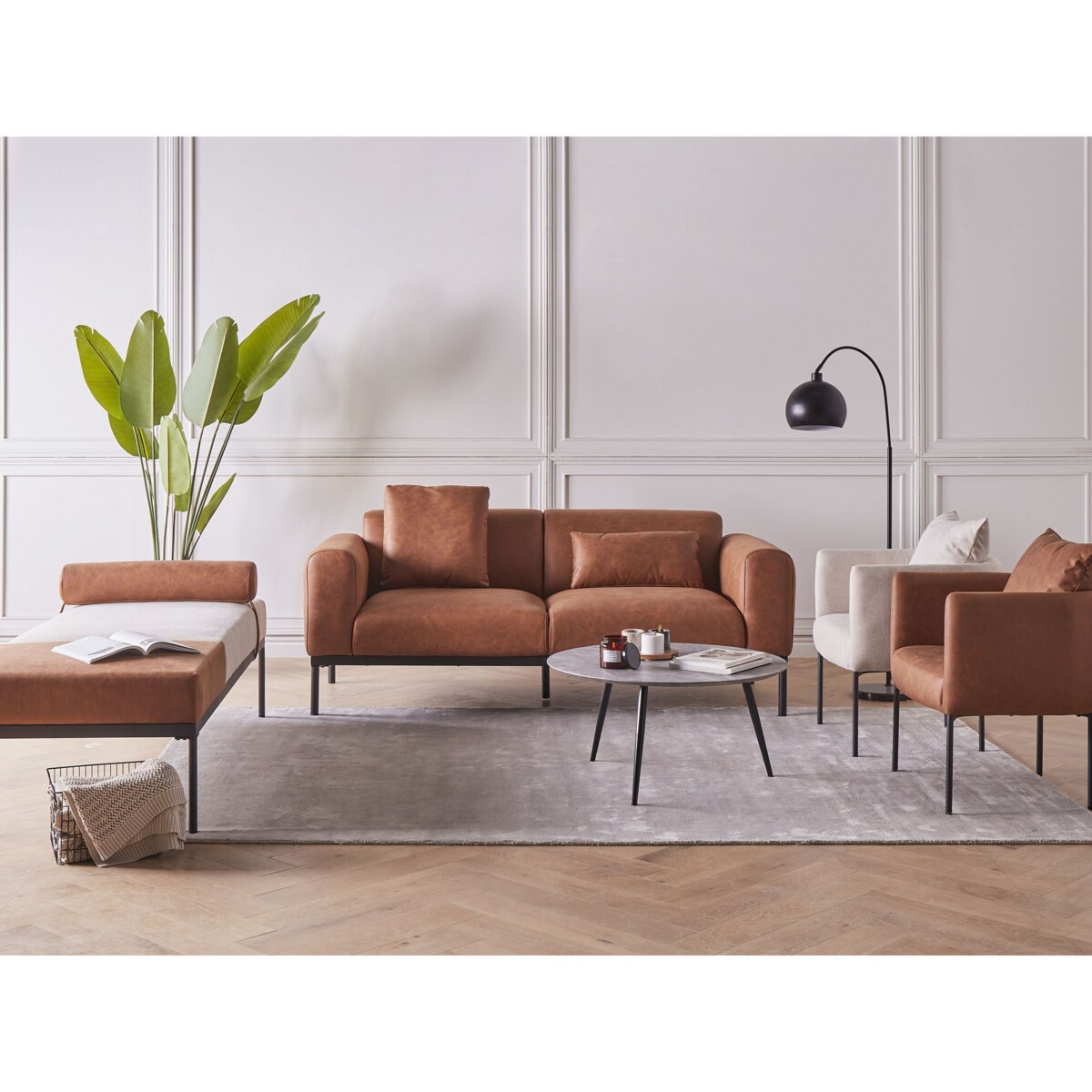 Szezlong len syntetyczny i ekoskóra beżowo-brązowy MALMOS