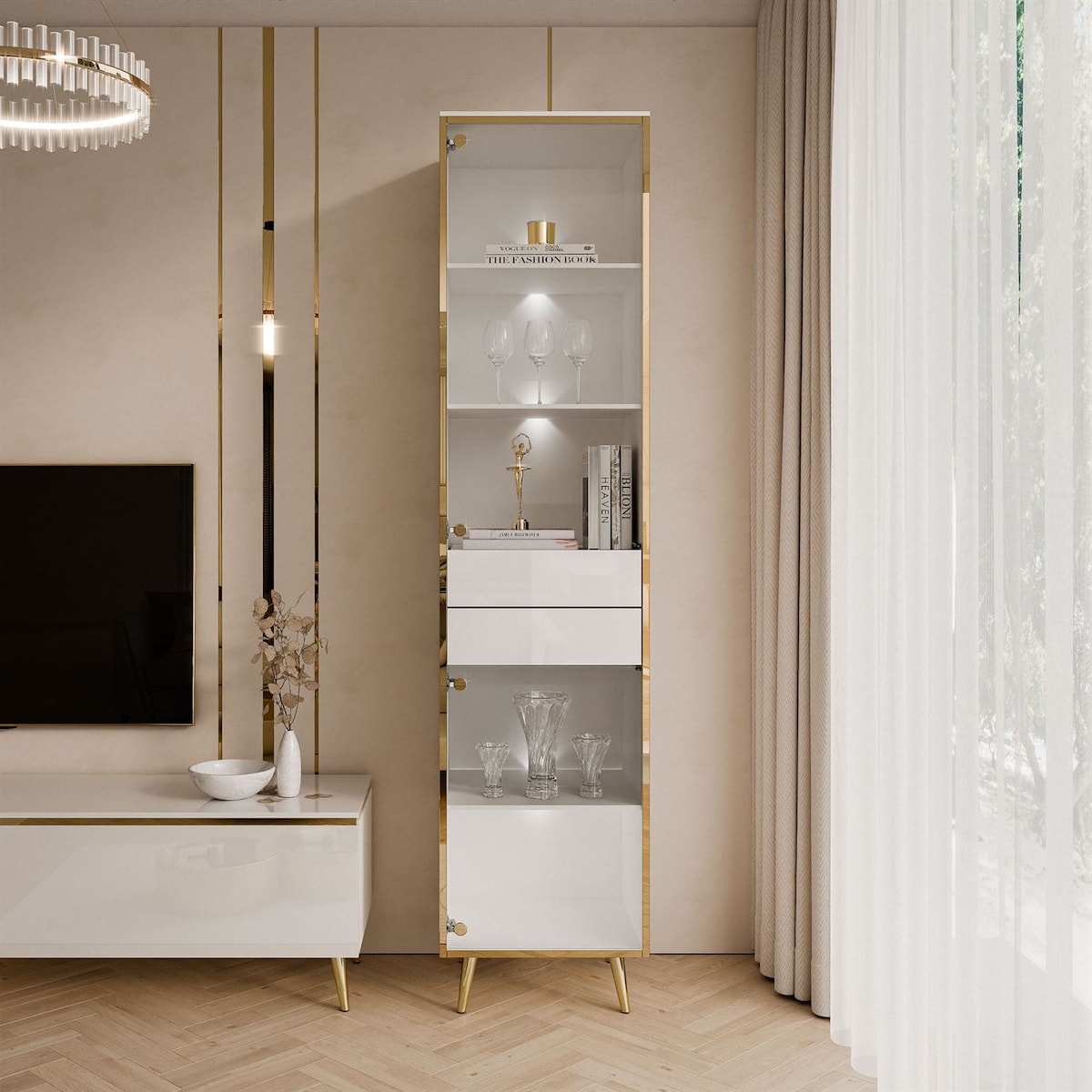 Witryna AURORA z oświetleniem LED biały połysk nogi skośne