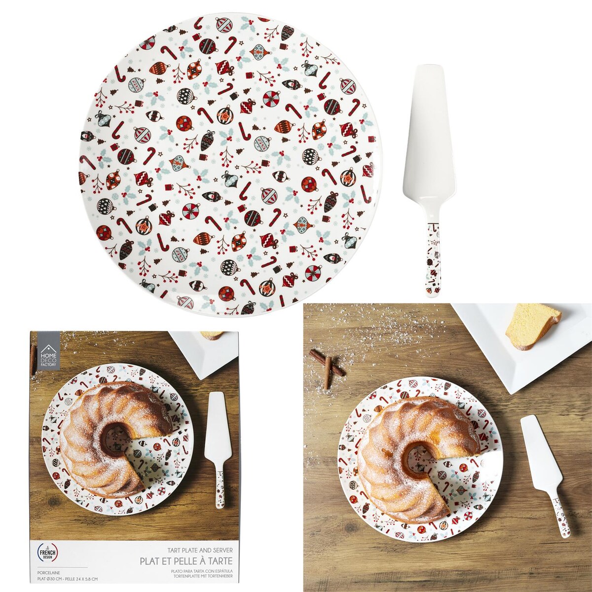 TALERZ NA CIASTO Z ŁOPATKĄ świąteczny 30 cm biały