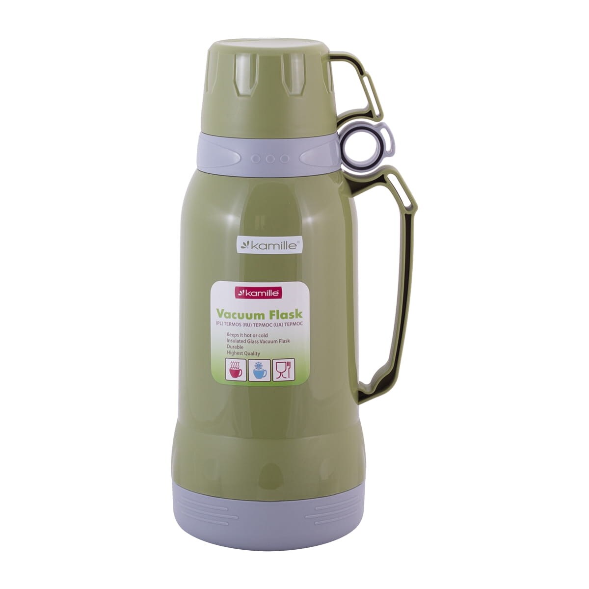 Termos ze szklanym wkładem uchwytem i kubeczkami 1.8L 3 kolory KAMILLE