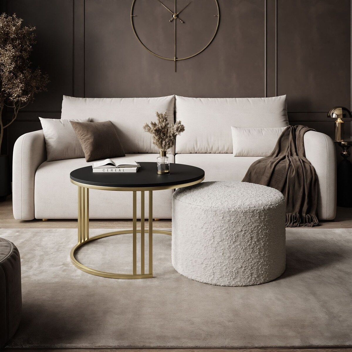 Stolik kawowy z pufą LORI MAT złoto szczotkowane, czarny mat / Coral 65