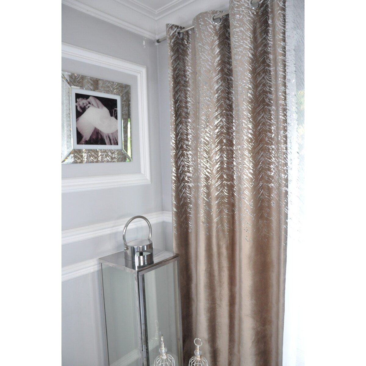 zasłona welurowa "velvet glow" srebrny print 140x250 cm beż