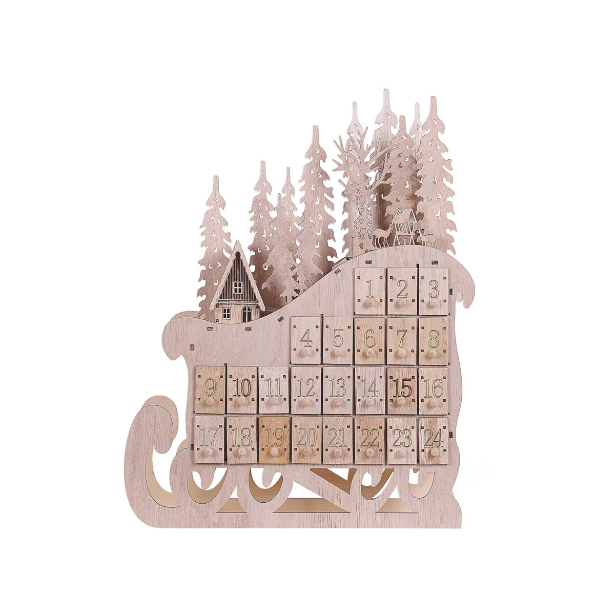 Figurka dekoracyjna LED sanie kalendarz adwentowy jasne drewno IMPALA