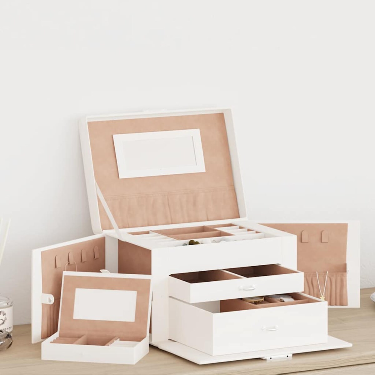 vidaXL Pudełko na biżuterię 3-warstwowe z lustrem zamykane na klucz