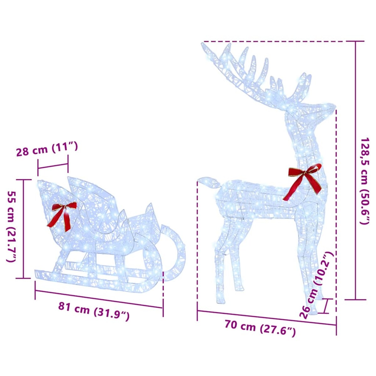 vidaXL Renifer ciągnący sanie Zimna biel 70 x 26 x 128,5 cm Akryl