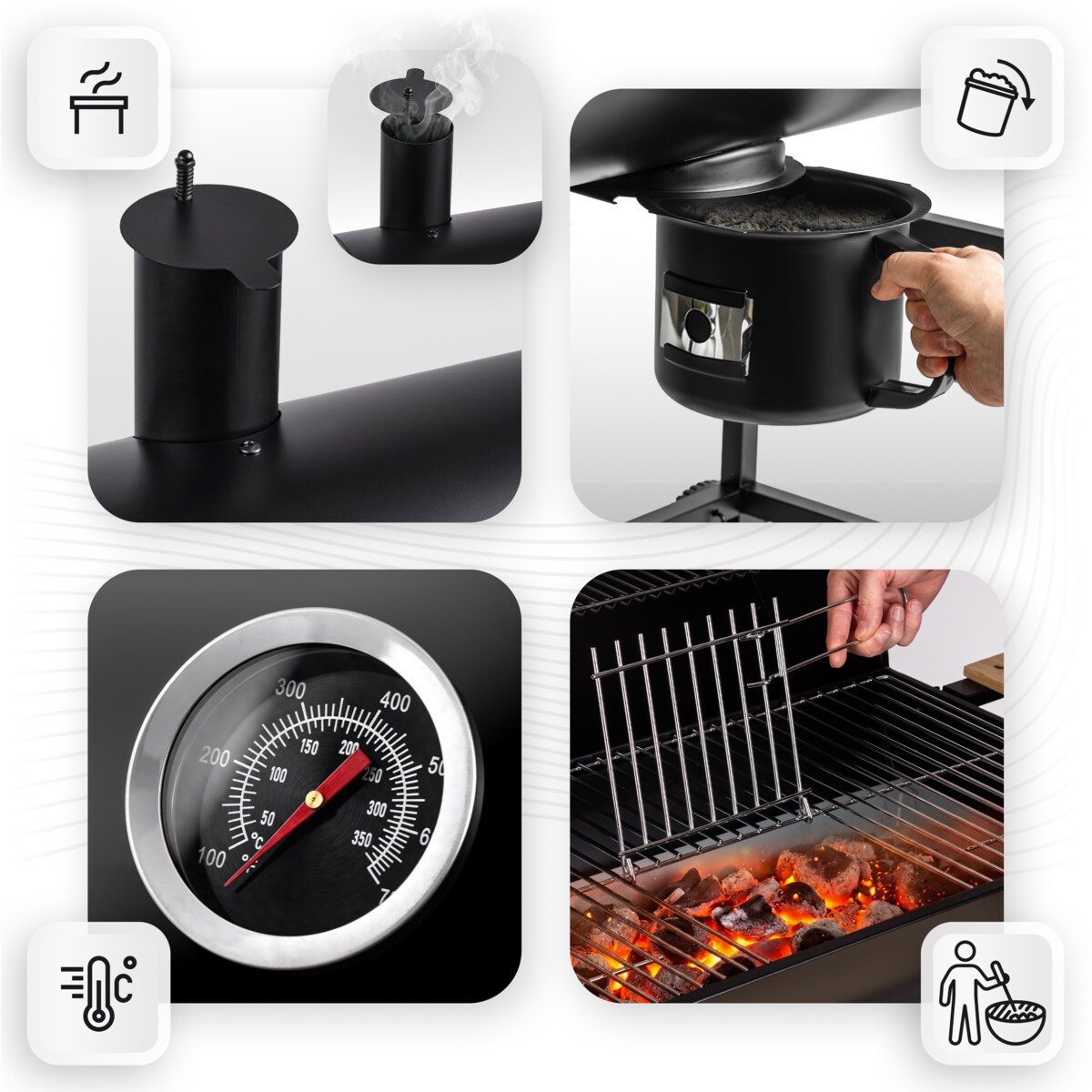 Grill węglowy ogrodowy Berdsen z półkami beczka z kominem + termometr + popielnik