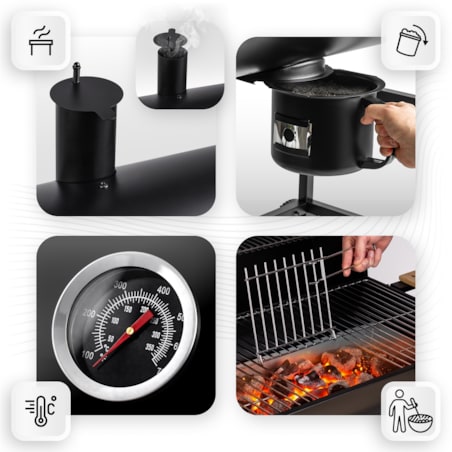 Grill węglowy ogrodowy Berdsen z półkami beczka z kominem + termometr + popielnik