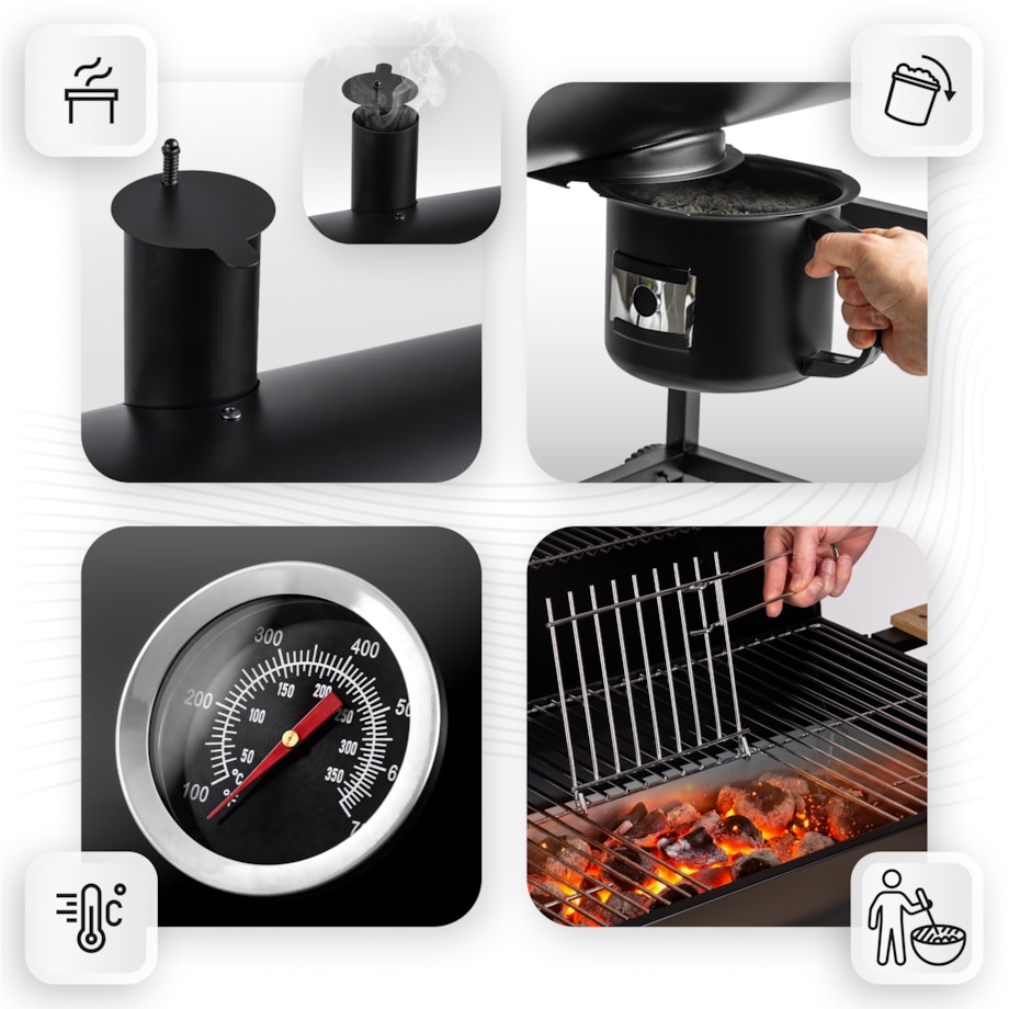 Grill węglowy ogrodowy Berdsen z półkami beczka z kominem + termometr + popielnik