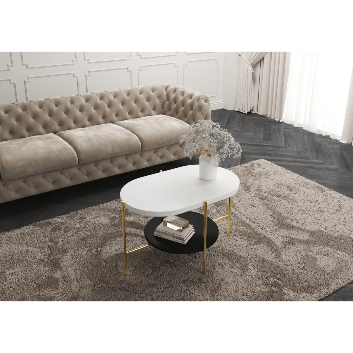 Nowoczesny stolik kawowy Dancan ARENA / złota podstawa + biały i czarny blat