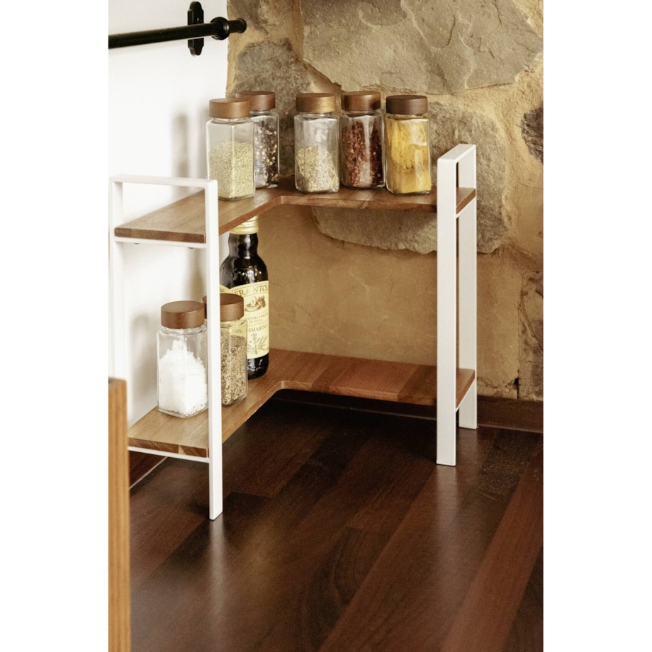 Narożna, dwupoziomowa półka kuchenna na blat LOUISA, drewno akacji