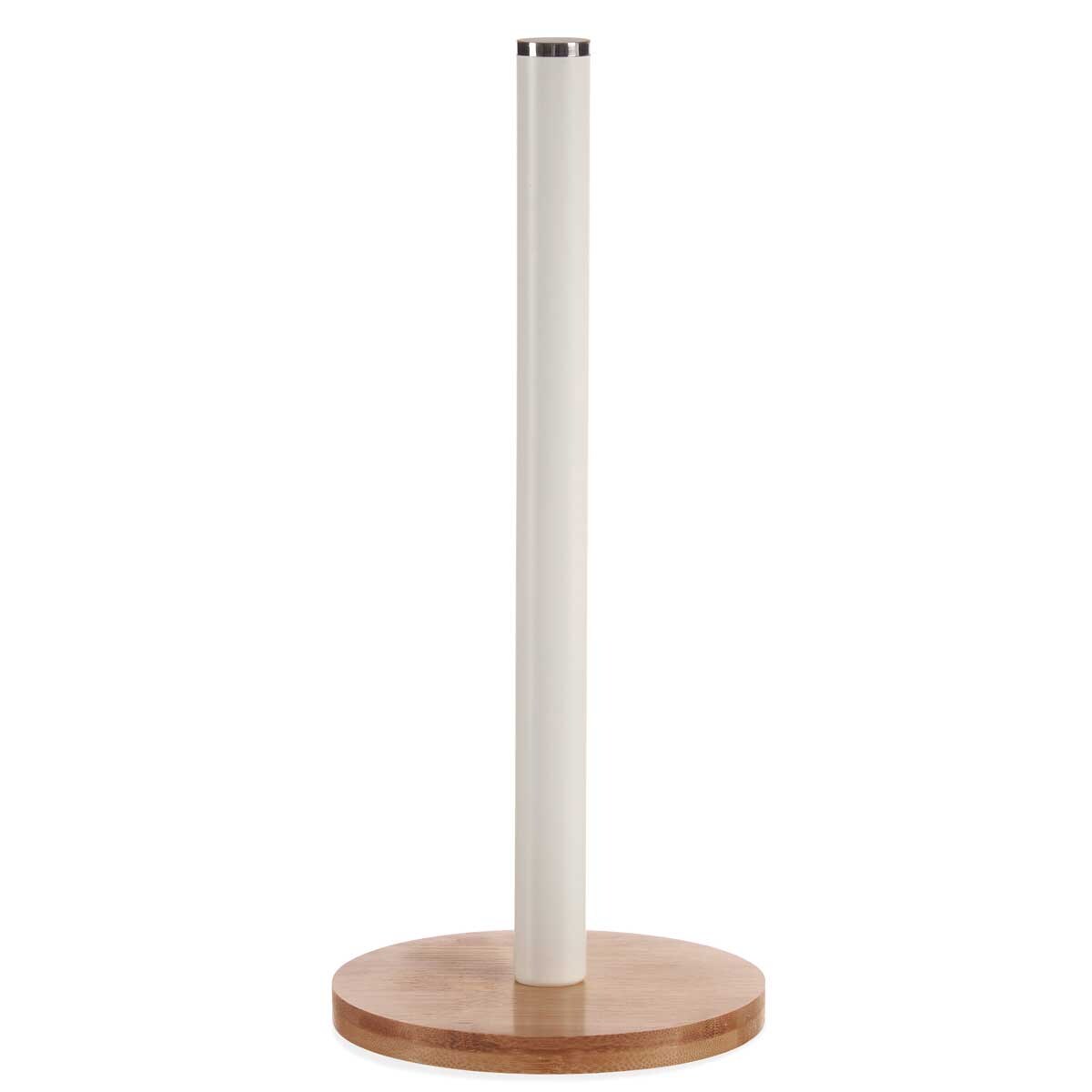 Stojak na ręcznik papierowy, biały, bambusowa podstawa