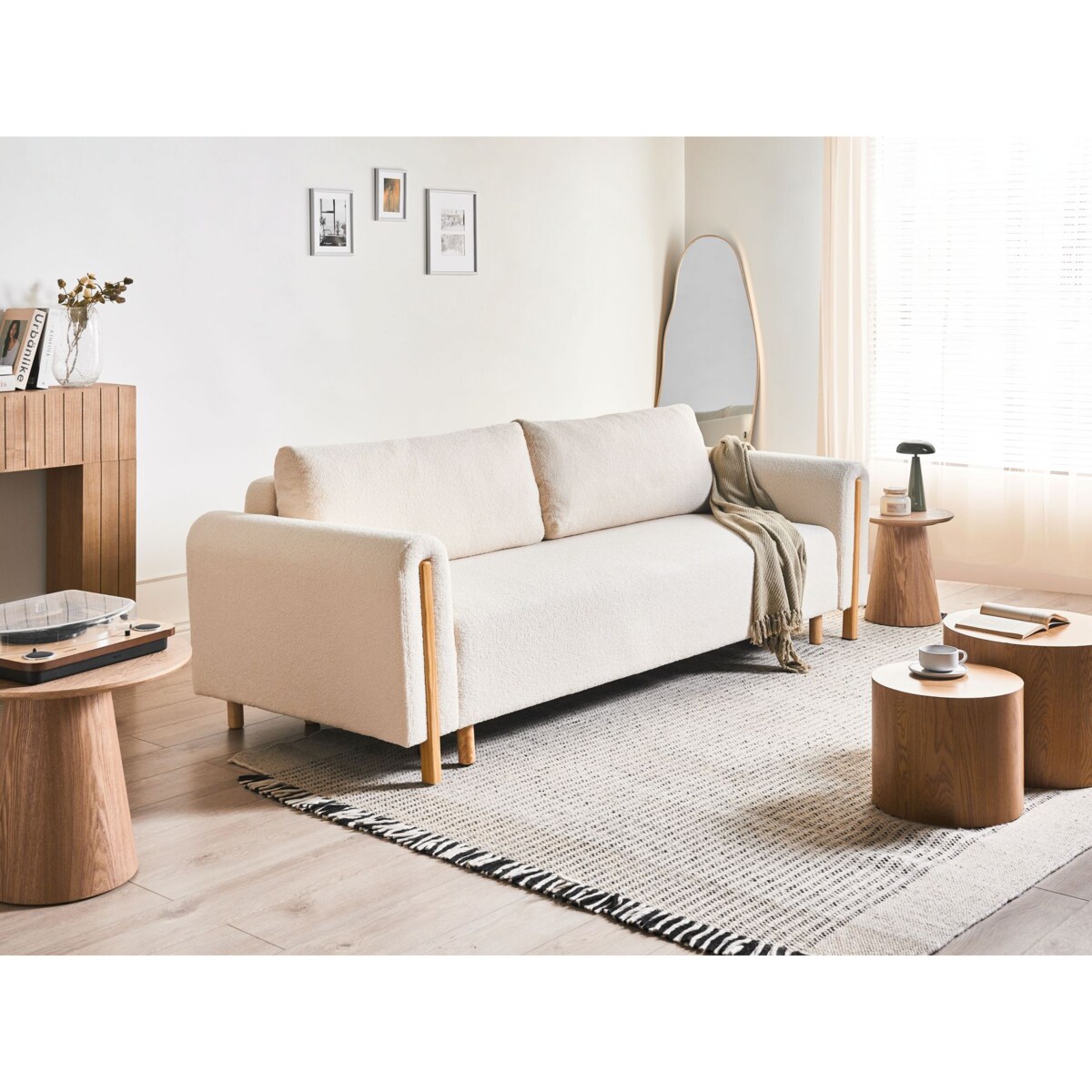 Sofa rozkładana dla 3 osób KVAM Boucle Złamana biel ze schowkiem