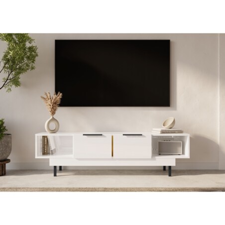 Elegancka biała komoda RTV Dancan ARTEMISA ze złotymi dodatkami / szer. 163 cm