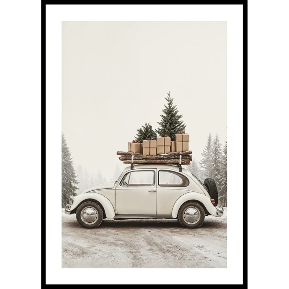 Poster Story, Plakat, Obraz - Zabytkowy Samochód z Prezentami i Choinką, wymiary 70 x 100 cm