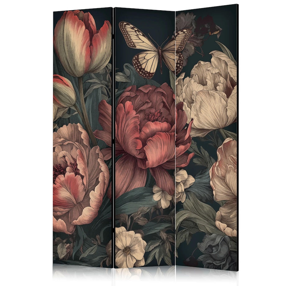 Parawan dwustronny Kwiaty 135x172 cm 3-częściowy brązowy
