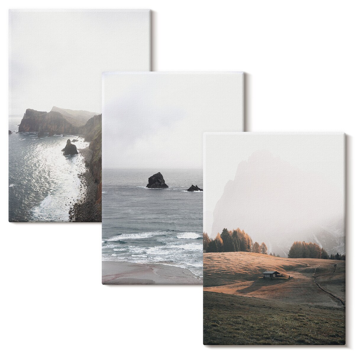 Zestaw 3 małych obrazów na płótnie - Krajobrazy gór i morza - szary