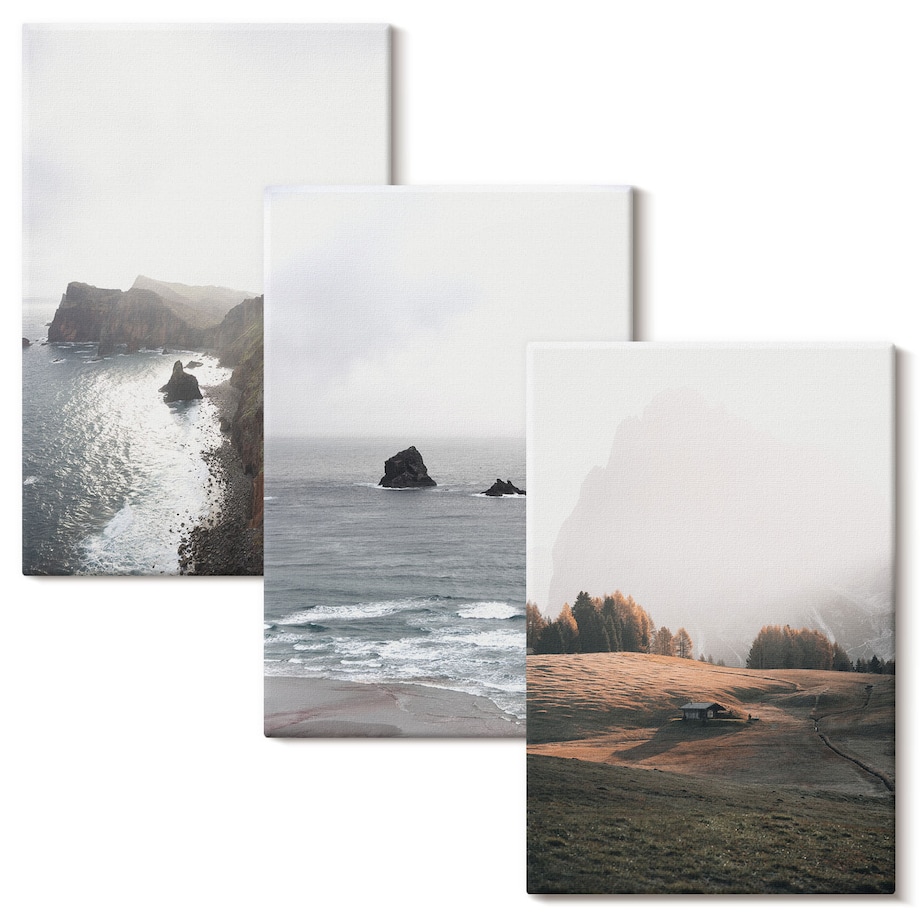 Zestaw 3 małych obrazów na płótnie - Krajobrazy gór i morza - szary