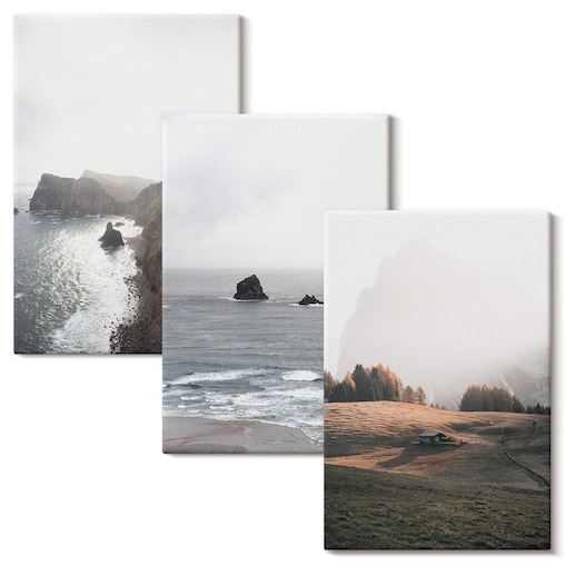 Zestaw 3 małych obrazów na płótnie - Krajobrazy gór i morza - szary