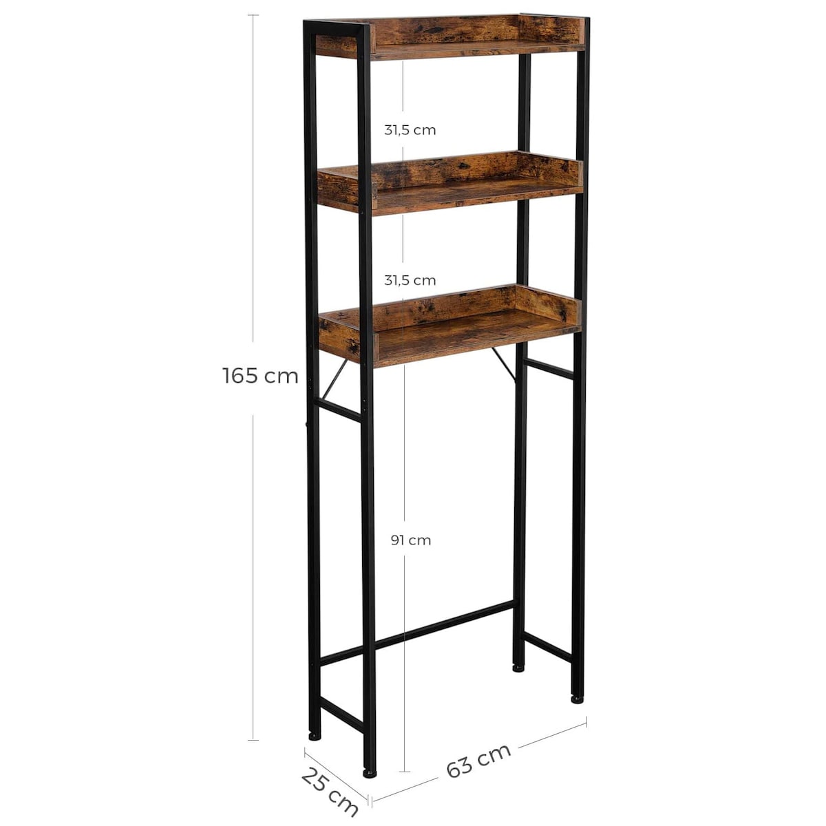 Regał Łazienkowy Nad Toaletę 63X25X165 Cm Rustykalny Brąz, Czarny