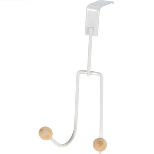 Wieszak na drzwi biały, metalowy, 2 haczyki z drewnianymi gałkami, 19 x 9,5 x 10,5 cm