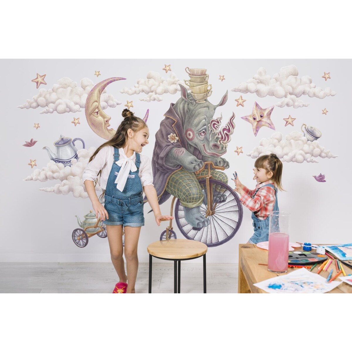 Zestaw naklejek na ścianę, Pastelowe zwierzęta z bajki - nosorożec, 60cm