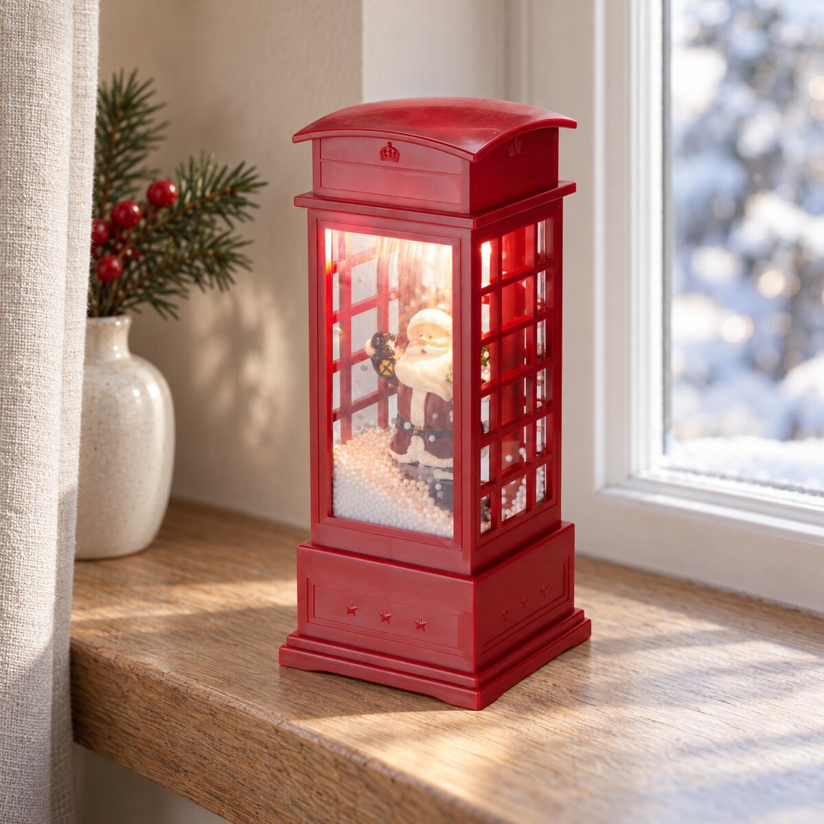 Budka telefoniczna świąteczna z LED, efektem śniegu i melodią, 10,5 x 10,5 x 25 cm