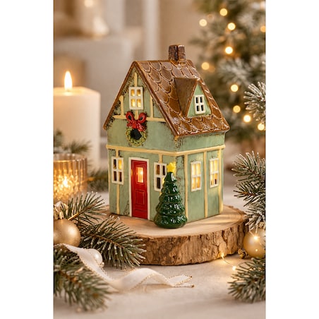 Ceramiczny domek na tea-lighty 21x13x10 cm DOMETTO miętowy z brązowym dachem