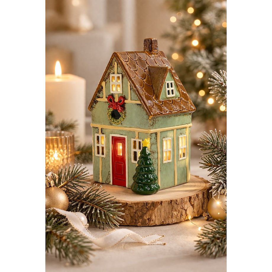 Ceramiczny domek na tea-lighty 21x13x10 cm DOMETTO miętowy z brązowym dachem