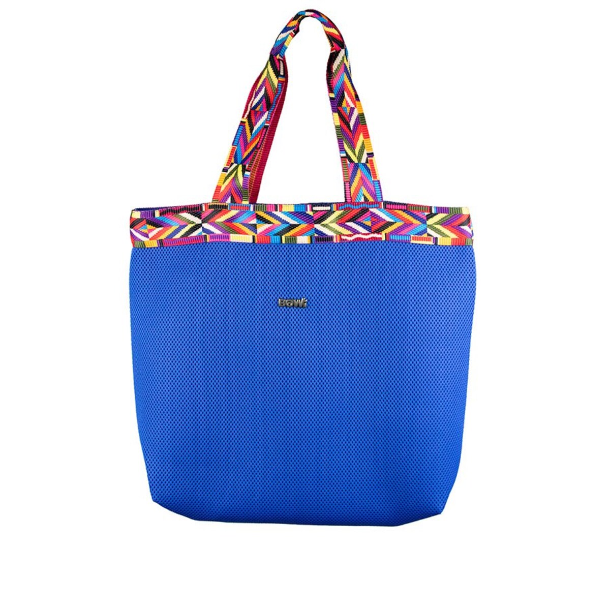 Torba na zakupy niebieska z wielokolorowym elementem w stylu ETNO
